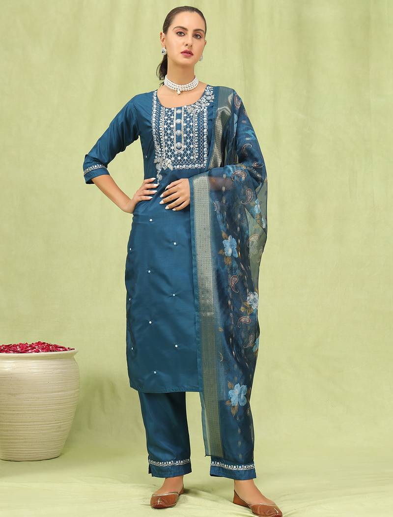 Blue color silk blend fabric designer embroidered suit