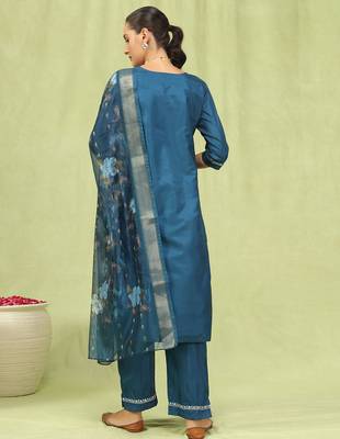 Blue color silk blend embroidered suit 2