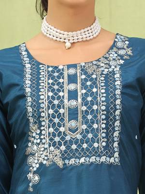 Blue color silk blend embroidered suit 3