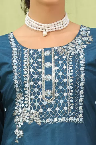 Blue color silk blend embroidered suit
