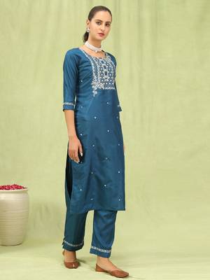 Blue color silk blend embroidered suit 4