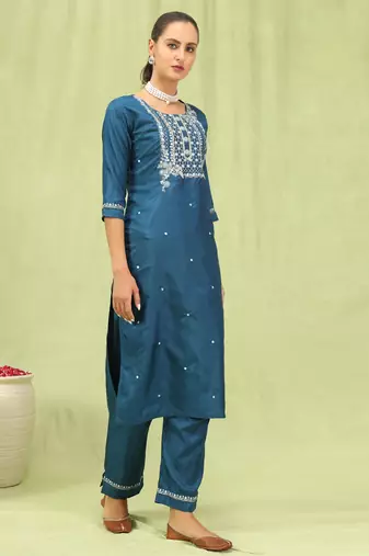 Blue color silk blend embroidered suit