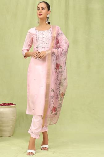 Pink color silk blend fabric designer embroidered suit