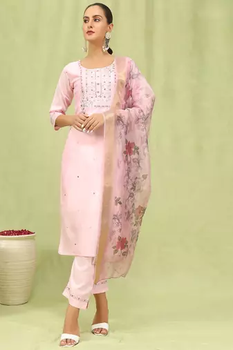 Pink color silk blend fabric designer embroidered suit
