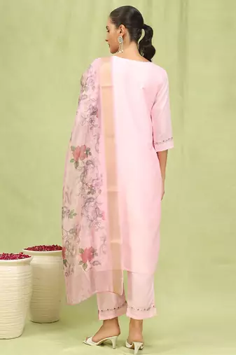 Pink color silk blend embroidered suit