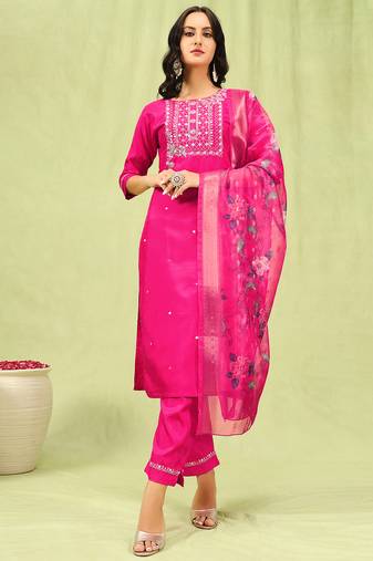 Pink color silk blend fabric designer embroidered suit