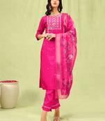 Pink color silk blend fabric designer embroidered suit