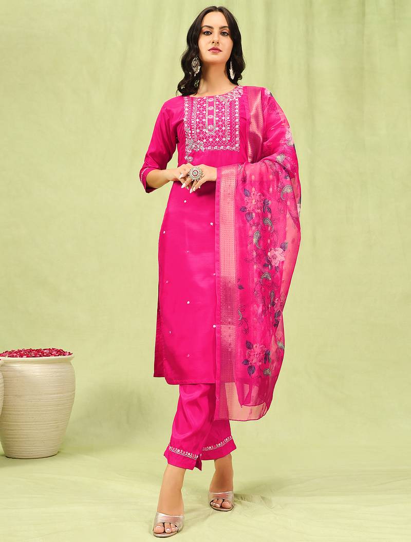 Pink color silk blend fabric designer embroidered suit