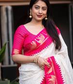 White soft silk blend banarasi jacuard work designer saree with blouse