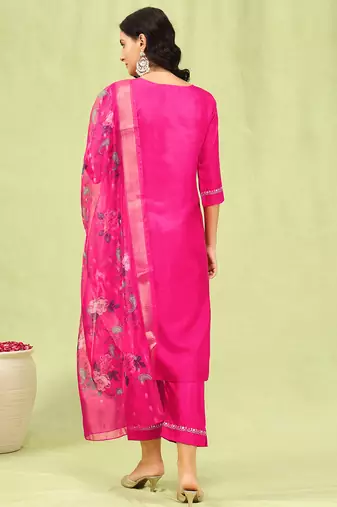 Pink color silk blend embroidered suit