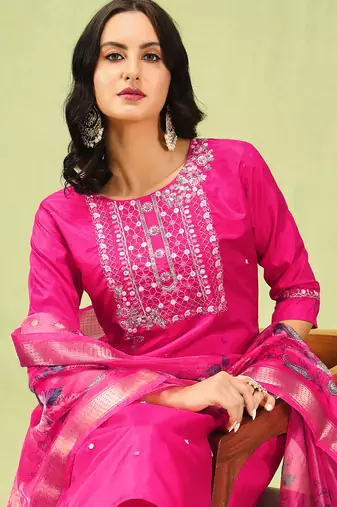 Pink color silk blend embroidered suit
