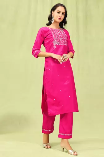 Pink color silk blend embroidered suit