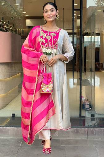 Pink color beautiful silk fabric designer ceremonial readymade suit