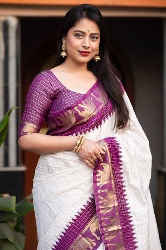 White soft silk blend banarasi jacuard work designer saree with blouse