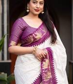 White soft silk blend banarasi jacuard work designer saree with blouse