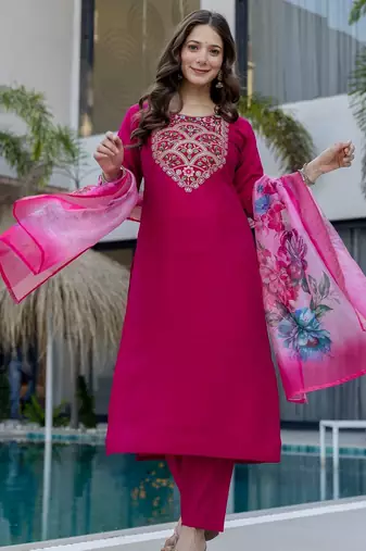 Magenta color beautiful p v chanderi fabric designer ceremonial readymade suit