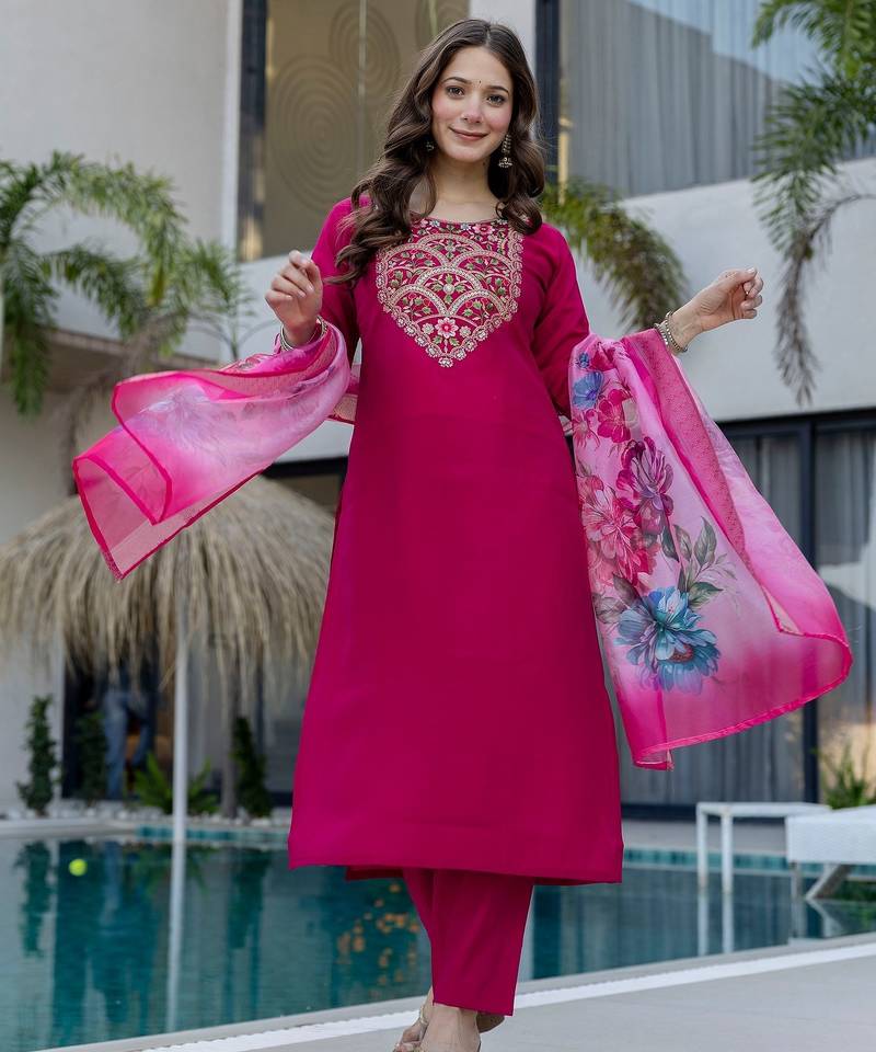 Magenta color beautiful p v chanderi fabric designer ceremonial readymade suit