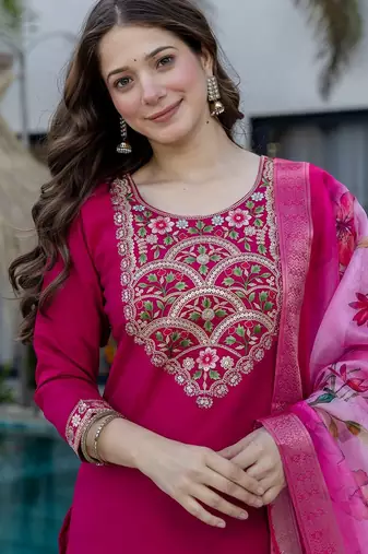 Magenta color beautiful p v chanderi ceremonial readymade suit