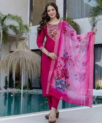 Magenta color beautiful p v chanderi ceremonial readymade suit 4