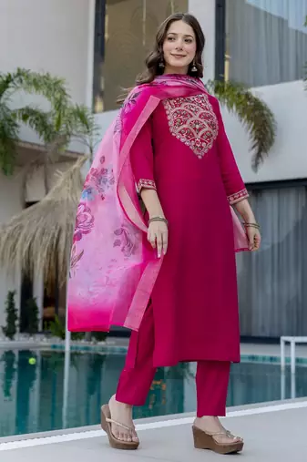 Magenta color beautiful p v chanderi ceremonial readymade suit