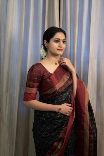 Black soft silk blend banarasi jacuard work designer saree with blouse