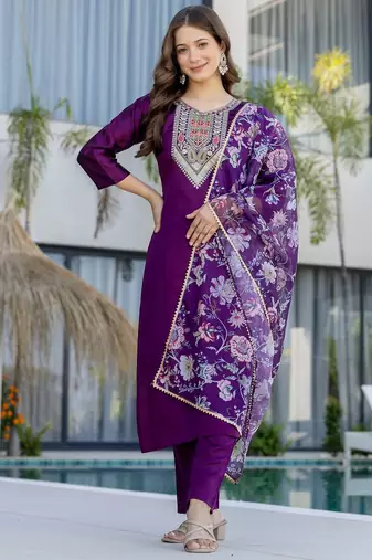 Purple color beautiful chanderi ceremonial readymade suit