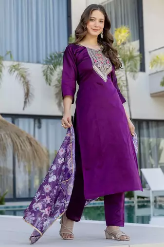 Purple color beautiful chanderi ceremonial readymade suit