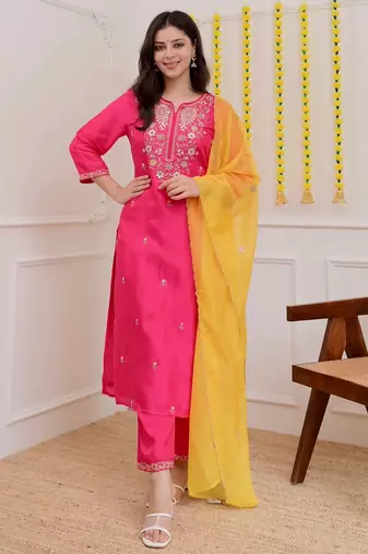 Pink color beautiful chanderi fabric designer ceremonial readymade suit