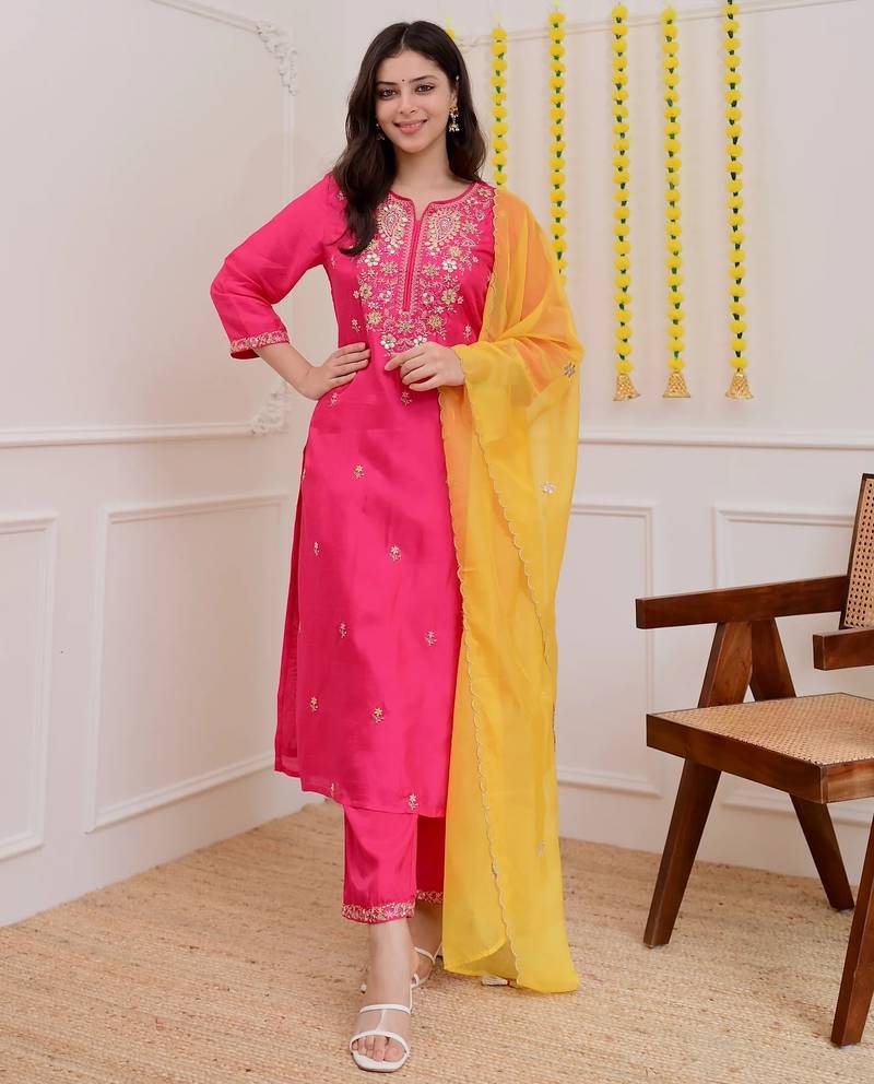 Pink color beautiful chanderi fabric designer ceremonial readymade suit