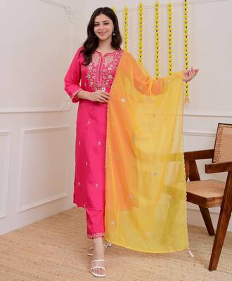 Pink color beautiful chanderi ceremonial readymade suit 2