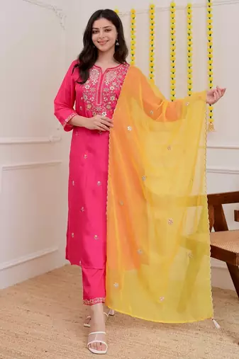 Pink color beautiful chanderi ceremonial readymade suit