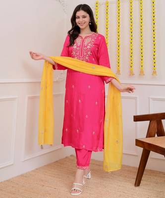 Pink color beautiful chanderi ceremonial readymade suit 4