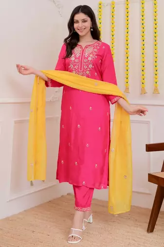Pink color beautiful chanderi ceremonial readymade suit