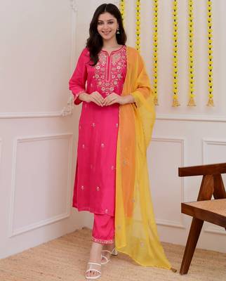 Pink color beautiful chanderi ceremonial readymade suit 5