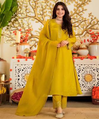 Mustard color beautiful viscose satin ceremonial readymade suit 1
