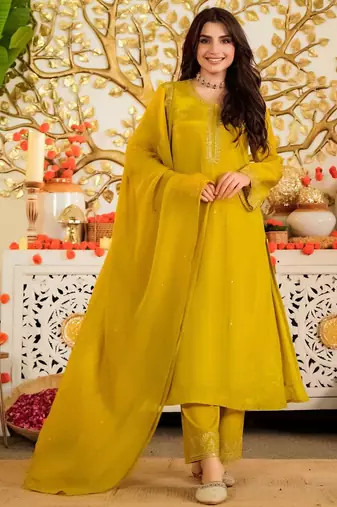 Mustard color beautiful viscose satin fabric designer ceremonial readymade suit