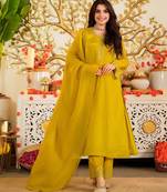 Mustard color beautiful viscose satin fabric designer ceremonial readymade suit