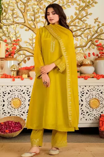 Mustard color beautiful viscose satin ceremonial readymade suit