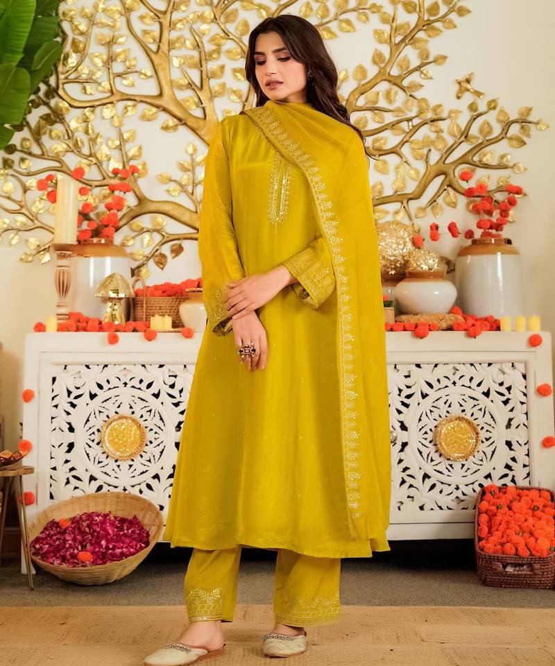Mustard color beautiful viscose satin fabric designer ceremonial readymade suit