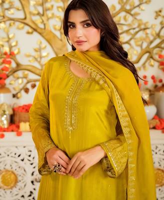 Mustard color beautiful viscose satin ceremonial readymade suit 3