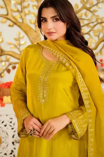 Mustard color beautiful viscose satin ceremonial readymade suit