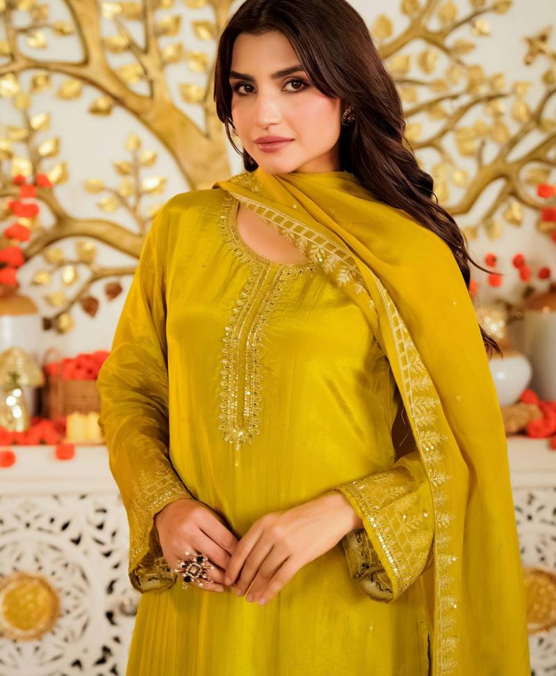 Mustard color beautiful viscose satin fabric designer ceremonial readymade suit