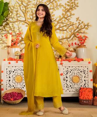 Mustard color beautiful viscose satin ceremonial readymade suit 4