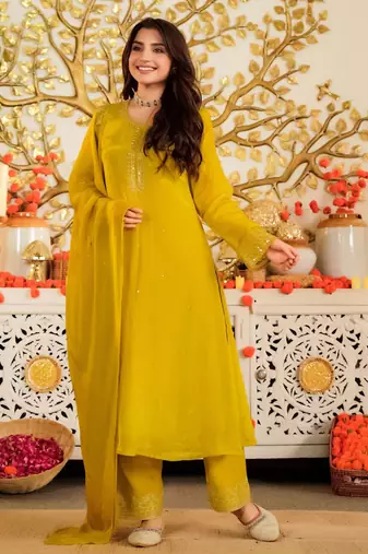 Mustard color beautiful viscose satin ceremonial readymade suit