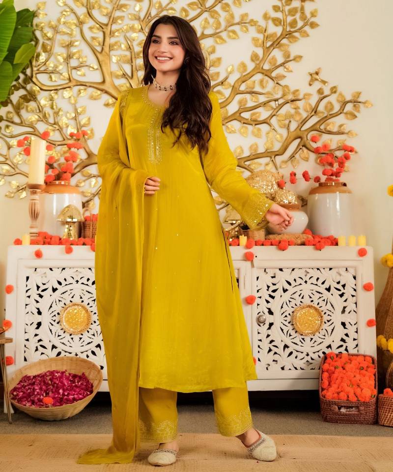 Mustard color beautiful viscose satin fabric designer ceremonial readymade suit