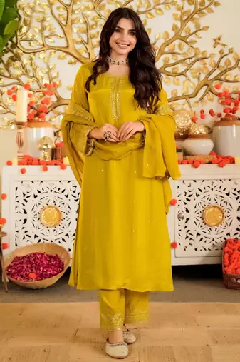 Mustard color beautiful viscose satin ceremonial readymade suit