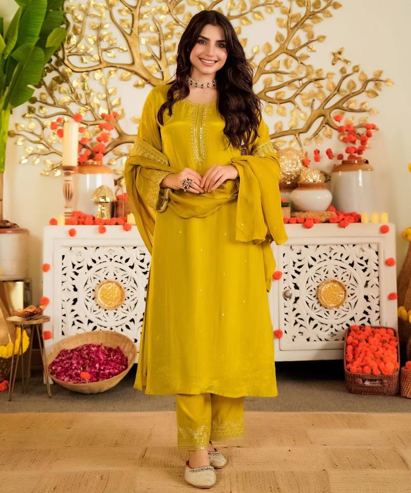 Mustard color beautiful viscose satin fabric designer ceremonial readymade suit