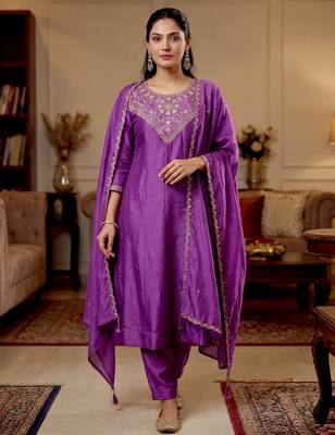 Purple color beautiful vichitra silk ceremonial readymade suit 1