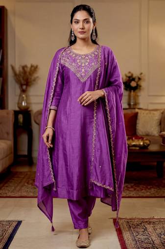 Purple color beautiful vichitra silk fabric designer ceremonial readymade suit