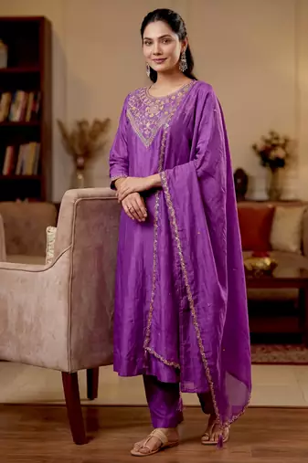 Purple color beautiful vichitra silk ceremonial readymade suit